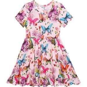 Posh Peanut Watercolor Butterfly Short Sleeve Ruffled Twirl Dress Girls 2T